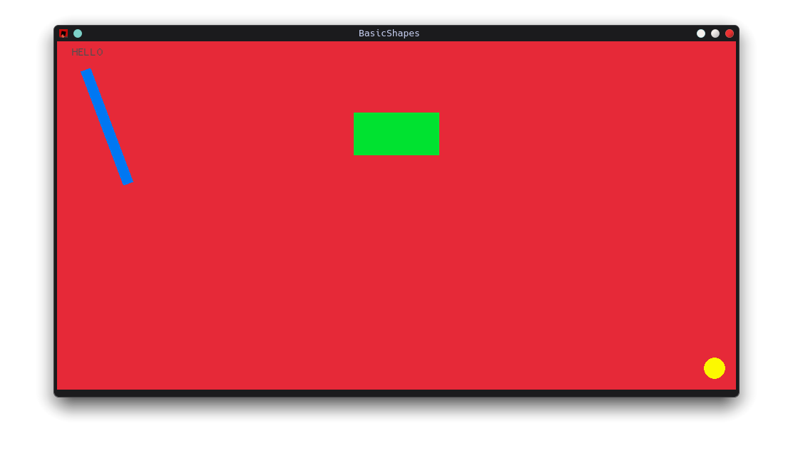 Image displaying what the above minimal example would look like when rendered: A few primary shapes on a red background